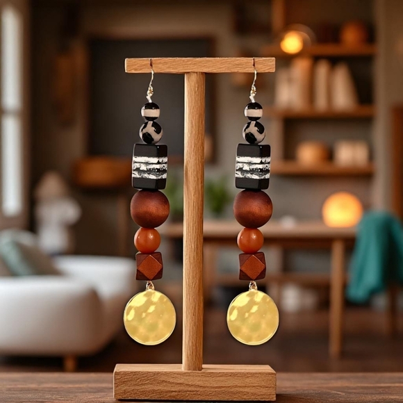 🆕️Boho-Chic Statement Dangle Earrings Acrylic Stone Wood Beads 14K Gold Plated - Picture 1 of 12